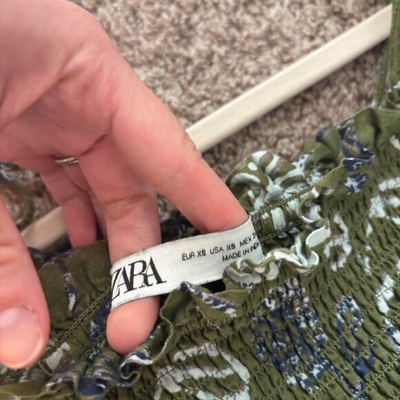 ZARA Green Floral Print Smocked Midi Dress 100% Cotton Tie Straps Size XS - Picture 14 of 14